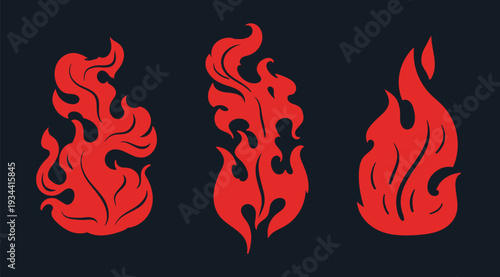 Burning fire flame silhouettes. Red wildfire elements, fire burning silhouette flat vector illustration set. Cartoon isolated flames silhouettes