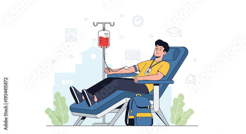 Man Donating Blood in Medical Chair with IV Drip and Backpack