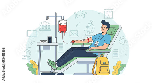 Man Donating Blood in Medical Chair, Healthcare and Science Illustration