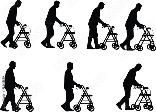 Elderly man with walker silhouettes in various walking poses isolated on white background, senior mobility aid, rehabilitation, aging, healthcare support concept