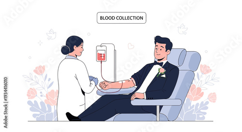 Man in Tuxedo Donating Blood at Clinic, Medical Procedure, Healthcare Concept