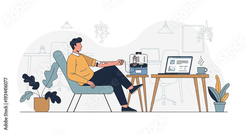 Man Receives Medical Treatment at Home with Modern Equipment and Laptop