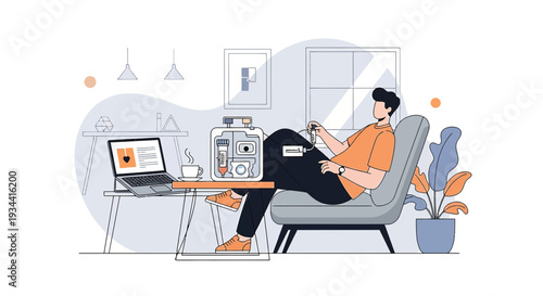 Man Receiving IV Therapy at Home with Laptop and Coffee