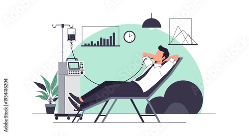Man Receiving IV Infusion Treatment Relaxing in Chair, Medical Healthcare Concept