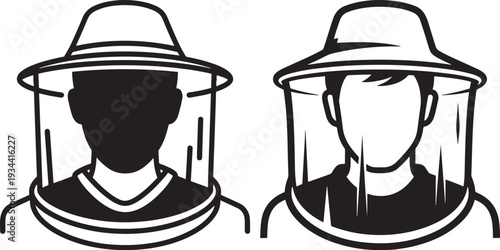 Stylized icons of beekeepers wearing protective suits and hats, signifying beekeeping, apiculture, and honey production.