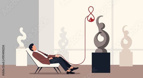 Man Relaxing in Art Gallery Connected to Sculpture via Infusion