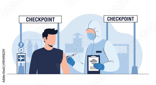 Man Receiving Vaccine Shot at Airport Checkpoint