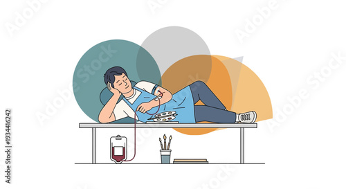 Man relaxes during blood donation, healthcare concept, modern illustration
