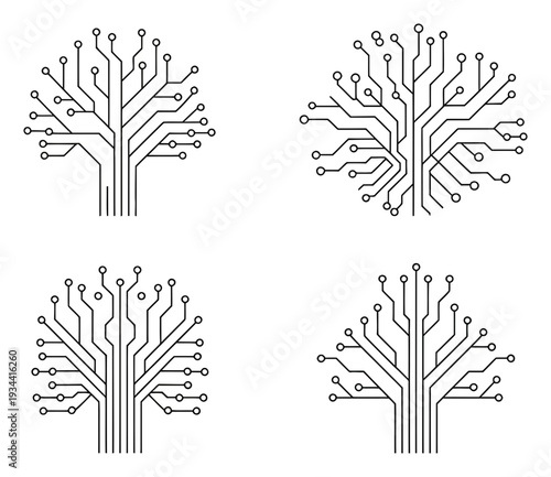 Circuit Tree Vector Illustration Set Black White