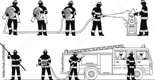 Firefighter team silhouette set with fire truck, hose operation, rescue workers and emergency response actions isolated for firefighting, safety training and protection design