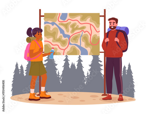Cartoon hiking people. Couple trekking, outdoor adventure, characters hiking and navigate terrain flat vector illustration. Active tourists scene