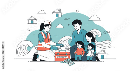 Medical Aid for Family During Natural Disaster - Illustration