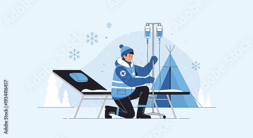 Medical Aid in Winter Conditions: Doctor Administers IV Drip in Snow
