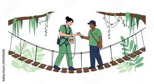 Medical Aid on Jungle Bridge: Nurse Gives Medicine to Patient
