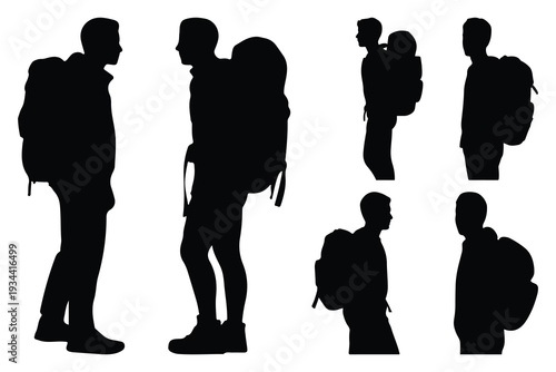 Black silhouettes of people with backpacks white background