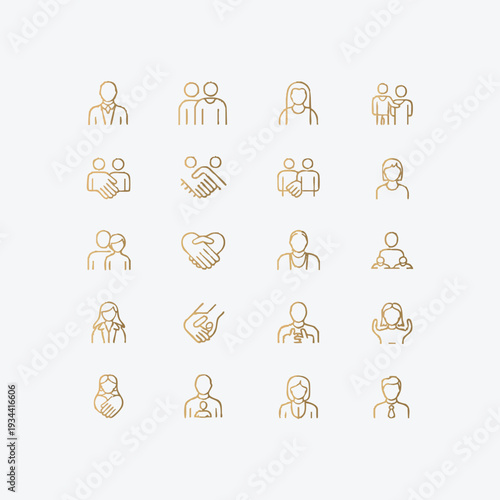 Collection of golden line icons depicting people and interactions