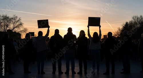 Silhouette of people holding signs during sunset demonstration or protest