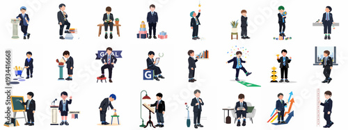 A collection of young boys in business suits engaged in diverse activities symbolizing education, aspiration, career growth, and personal achievement.