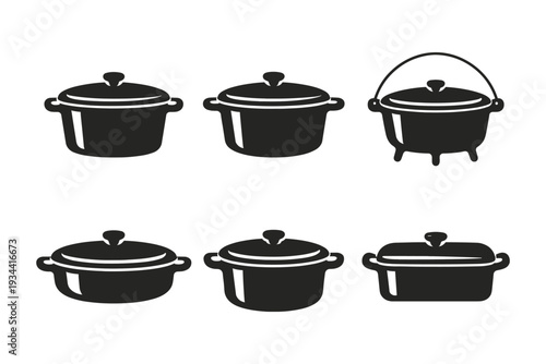 Collection of six different black cooking pots and casseroles with lids