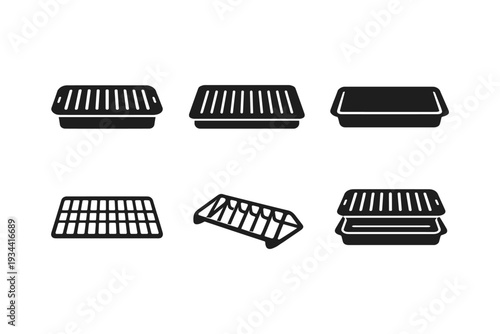 Collection of black icons representing various food containers and trays on a white background