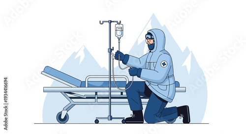Medical Emergency Rescue: Doctor Administering IV Drip to Patient on Stretcher in Snowy Mountains