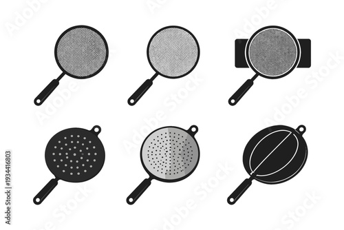 Collection of six different kitchen strainers and sieves with handles