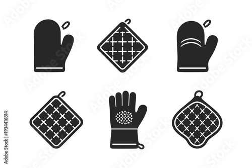 Collection of kitchen oven mitts and pot holders in a simple graphic style