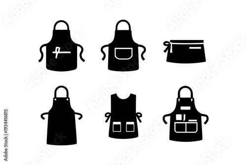 Collection of black apron icons with different pocket styles and designs