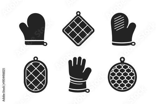 Collection of six black oven mitts and pot holders in a simple icon style