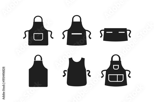 Collection of six different black apron icons on a white background