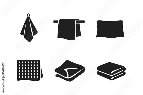 Collection of simple black icons representing various folded and hanging textiles