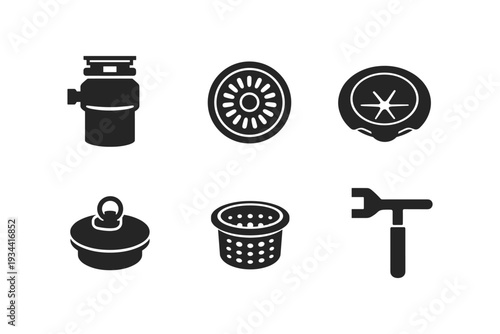 Collection of plumbing and drain icons including a garbage disposal, sink strainer, and wrench