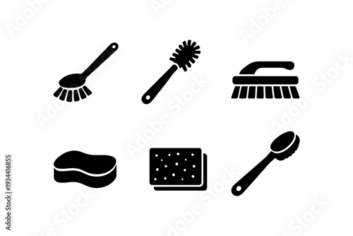Collection of black cleaning tool icons including brushes, sponge, and scrubber