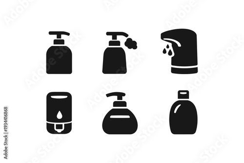Collection of black icons representing various soap dispensers and bottles for hygiene and cleaning