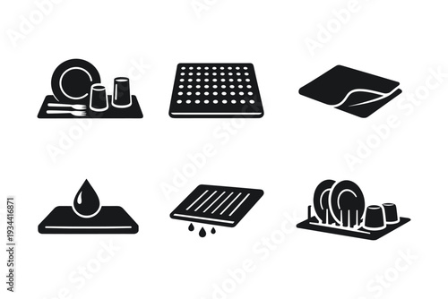 Collection of kitchen drying mats and dish rack icons for home organization
