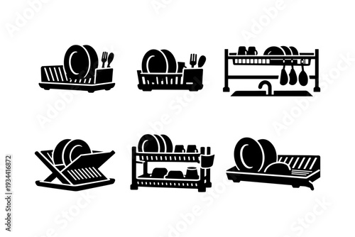 Collection of six black and white icons representing different dish drying racks with plates and cutlery