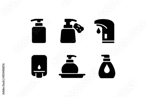 Collection of black icons representing various soap dispensers and hygiene products