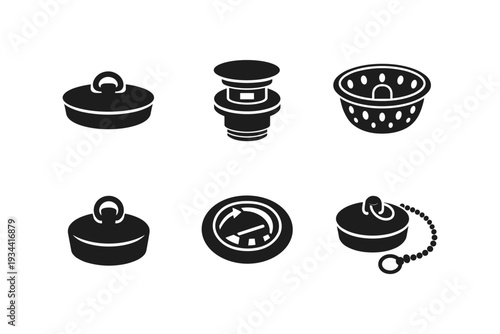 Collection of black icons representing various bathroom drain stoppers and strainers