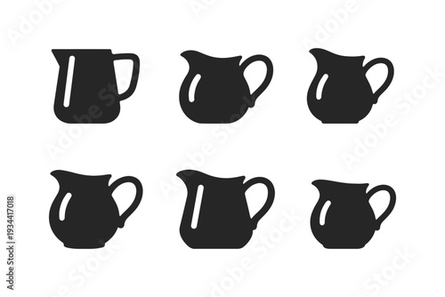 Collection of six different black silhouette creamer pitcher icons on a white background