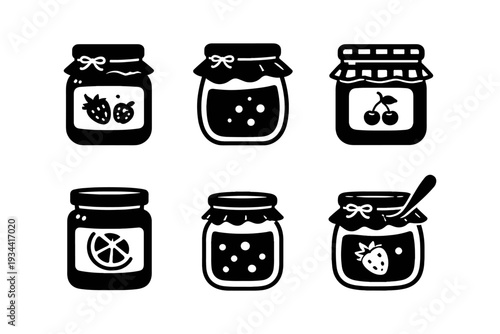 Collection of six black and white jam jar icons with fruit illustrations