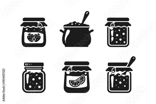 Collection of black icons representing jars of jam and a pot of preserves