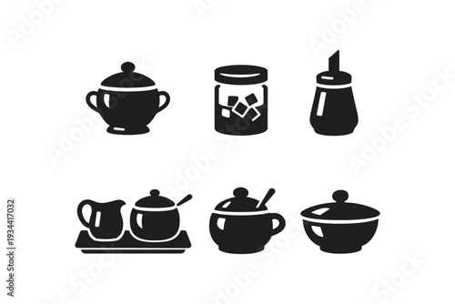 Collection of black icons representing sugar bowls, creamers, and ice cubes