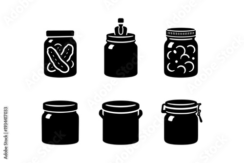 Collection of six black silhouette icons representing various types of glass jars and containers