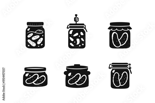Collection of six black and white icons representing jars of pickles