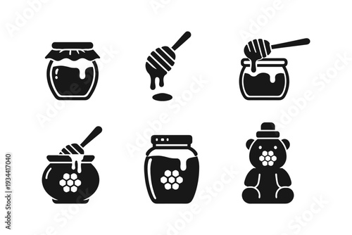 Collection of six black and white honey icons, including jars and dippers