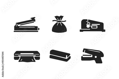 Collection of office supplies icons including staplers, hole punch, and paper dispenser