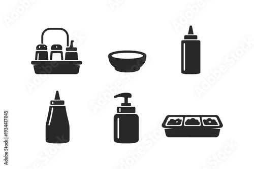 Collection of condiment and sauce dispenser icons for food service and dining
