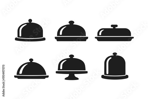 Set of black restaurant cloche icons in various styles and shapes