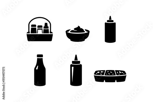 Collection of black icons representing condiments and sauces for food service