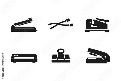 Collection of black office supply icons including staplers, hole punch, and binder clip